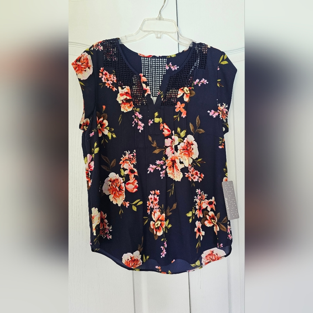 Daniel Rainn Navy and Coral Floral Blouse